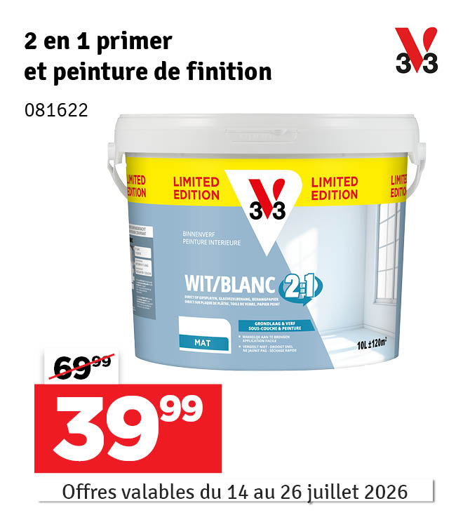Peinture pour murs et plafonds 2-en-1 blanc mat 10 L V33